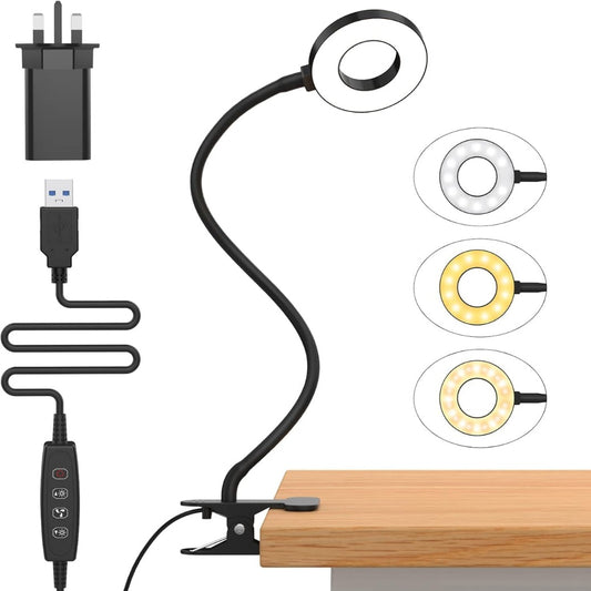 iZELL LED Desk Lamp with USB Adapter【3 Color Modes 10 Brightness】 Eye Caring Clip on Clamp Light, 40cm Flexible Arm Book Ring Light for Gaming/Video Conference/Reading, Clip on Table, Headboard