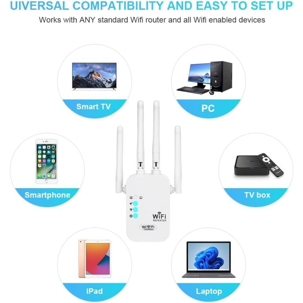 WiFi Booster Range Extender 1200Mbps, WiFi Signal Amplifier Dual Band 5GHz & 2.4GHz, 4 Antennas WIFI Signal Booster Repeater with Ethernet Port, Wireless Internet Booster/Hotspot with Wider Coverage