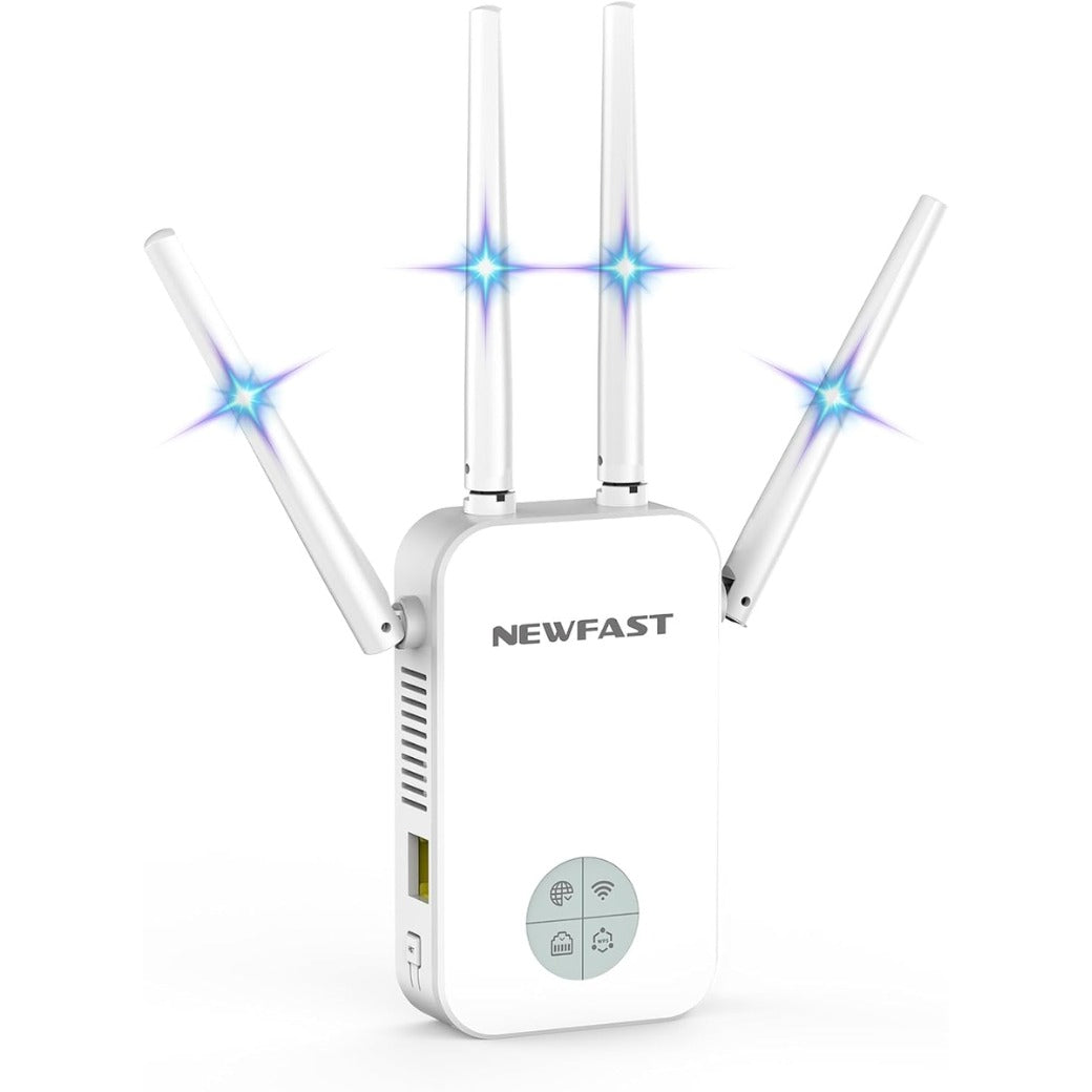 NEWFAST WiFi Booster Range Extender 1200Mbps Dual Band WiFi Extender Booster 5GHz & 2.4GHz, 4x Antennas, Access Point Hotspot with 360° Coverage, Wi-Fi Repeater, UK Plug