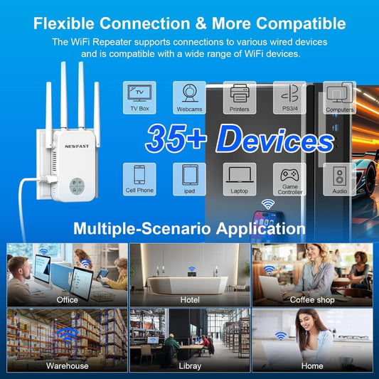 NEWFAST WiFi Booster Range Extender 1200Mbps Dual Band WiFi Extender Booster 5GHz & 2.4GHz, 4x Antennas, Access Point Hotspot with 360° Coverage, Wi-Fi Repeater, UK Plug