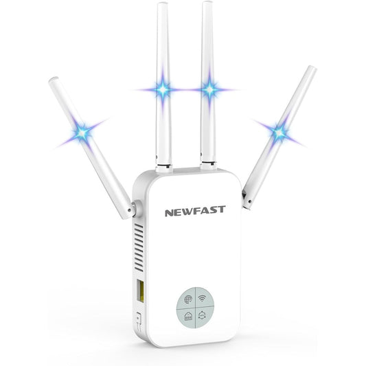 NEWFAST WiFi Booster Range Extender 1200Mbps Dual Band WiFi Extender Booster 5GHz & 2.4GHz, 4x Antennas, Access Point Hotspot with 360° Coverage, Wi-Fi Repeater, UK Plug