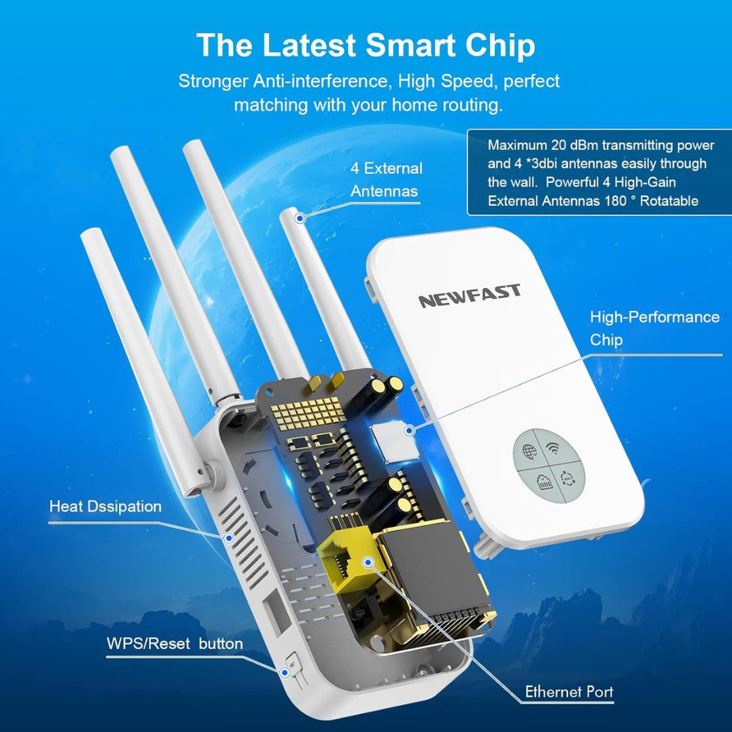 NEWFAST WiFi Booster Range Extender 1200Mbps Dual Band WiFi Extender Booster 5GHz & 2.4GHz, 4x Antennas, Access Point Hotspot with 360° Coverage, Wi-Fi Repeater, UK Plug
