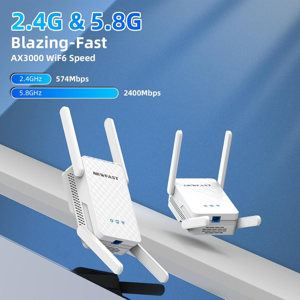NEWFAST AX3000 WiFi6 Range Extender, Broadband Dual Band Wi-Fi Extender WiFi Range Extender WiFi Booster, Gigabit Port, Wi-Fi Booster Range Extender, 5Modes, Works with Any Wifi Router, WPS, UK Plug