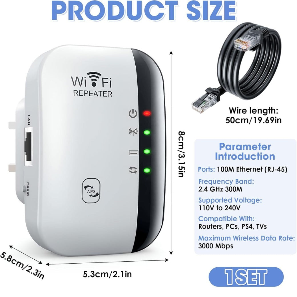 WiFi Extender Booster, Internet Repeater with Ethernet Port, Long Range Covers Up to 3000 Sq.ft and 45 Devices, Quick Setup, Broadband Wireless Signal Amplifier for Home