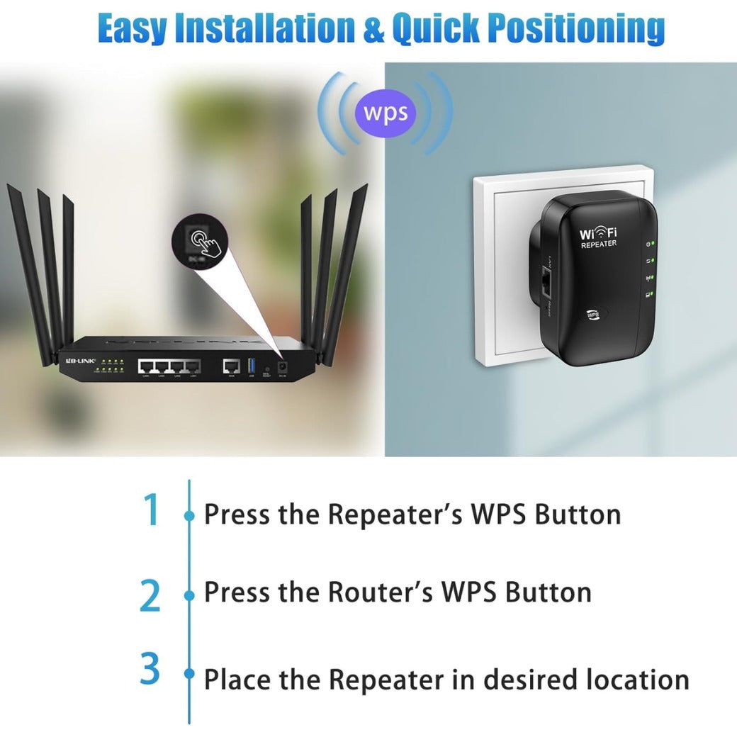 WiFi Extender Booster, 2.4GHz 300Mbps Internet booster, WiFi Booster Range Extender Up to 5000sq.ft and 50+ Devices, , Wi-Fi Repeater Wireless Signal Amplifier with Ethernet Port, Quick Setup (Black)