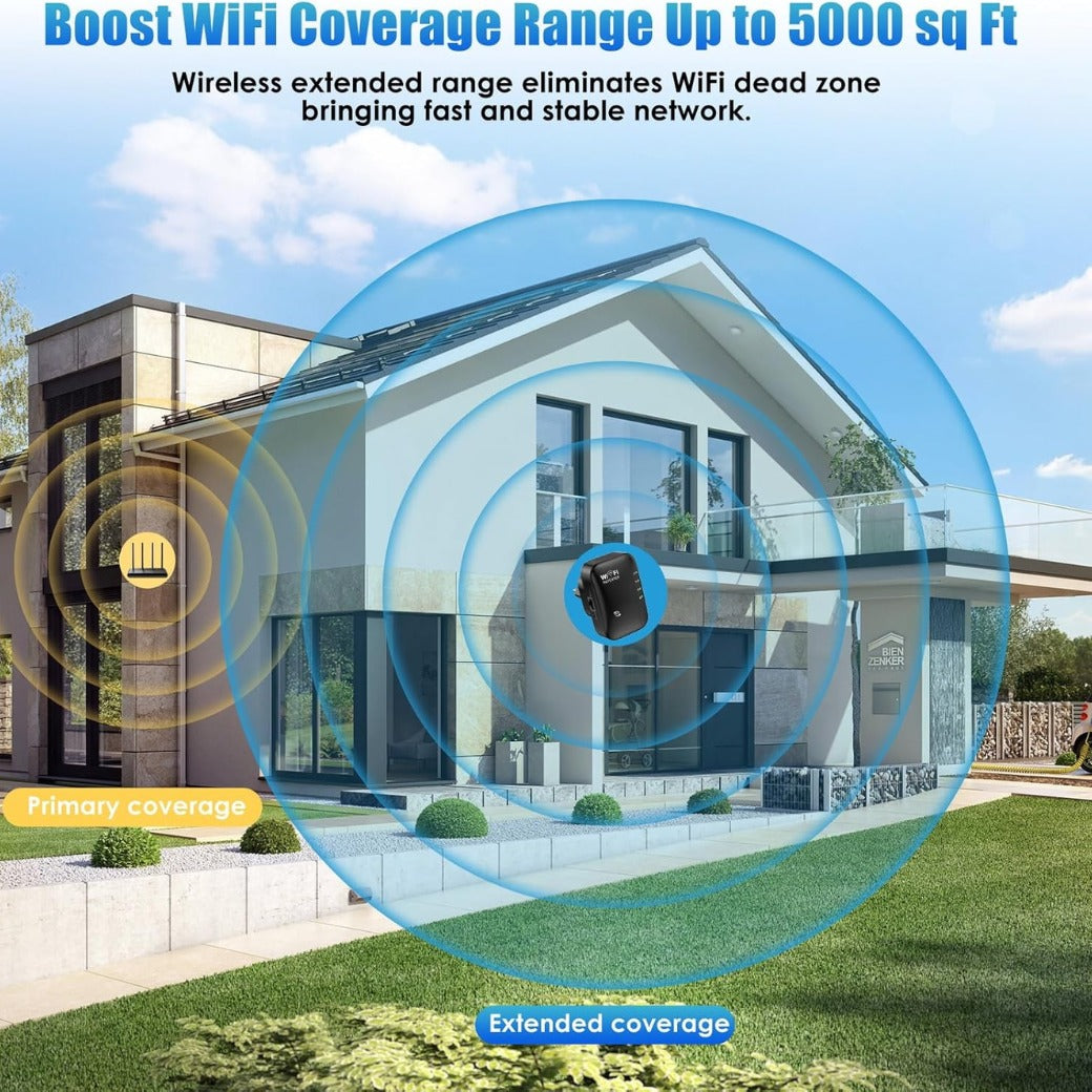 WiFi Extender Booster, 2.4GHz 300Mbps Internet booster, WiFi Booster Range Extender Up to 5000sq.ft and 50+ Devices, , Wi-Fi Repeater Wireless Signal Amplifier with Ethernet Port, Quick Setup (Black)