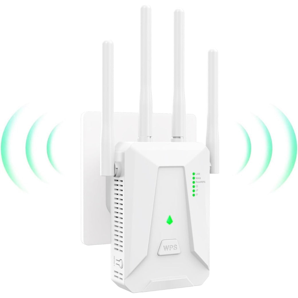 WiFi Extender Booster, Covers Up to 3000 Sq.ft WiFi Booster, 4 Antenna Internet Booster, 2 LAN Ports WiFi Extender, 1-Click Setup, Compatible with All Internet Boxes (4in)