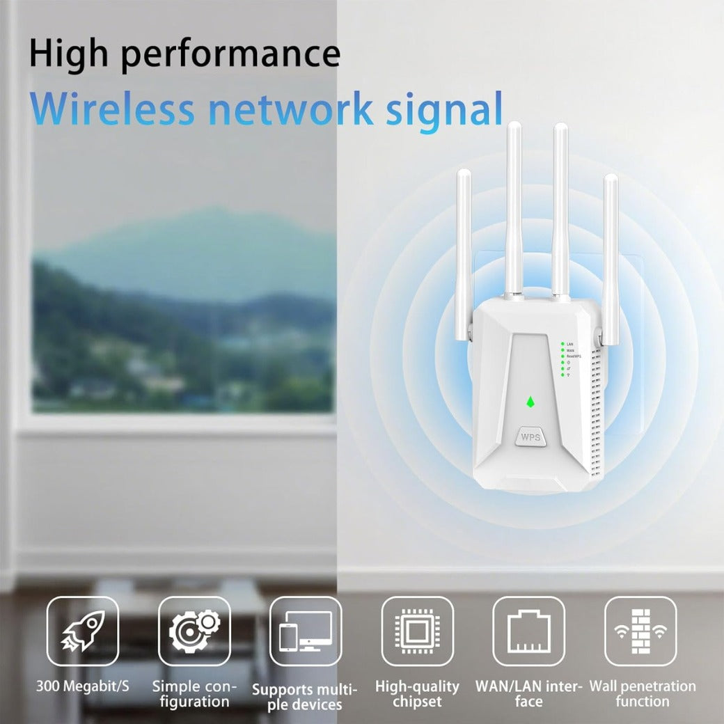 WiFi Extender Booster, Covers Up to 3000 Sq.ft WiFi Booster, 4 Antenna Internet Booster, 2 LAN Ports WiFi Extender, 1-Click Setup, Compatible with All Internet Boxes (4in)