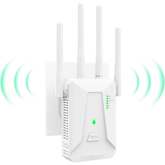 WiFi Extender Booster, Covers Up to 3000 Sq.ft WiFi Booster, 4 Antenna Internet Booster, 2 LAN Ports WiFi Extender, 1-Click Setup, Compatible with All Internet Boxes (4in)
