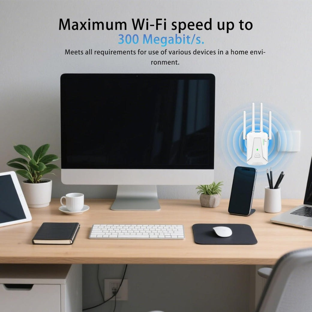 WiFi Extender Booster, Covers Up to 3000 Sq.ft WiFi Booster, 4 Antenna Internet Booster, 2 LAN Ports WiFi Extender, 1-Click Setup, Compatible with All Internet Boxes (4in)