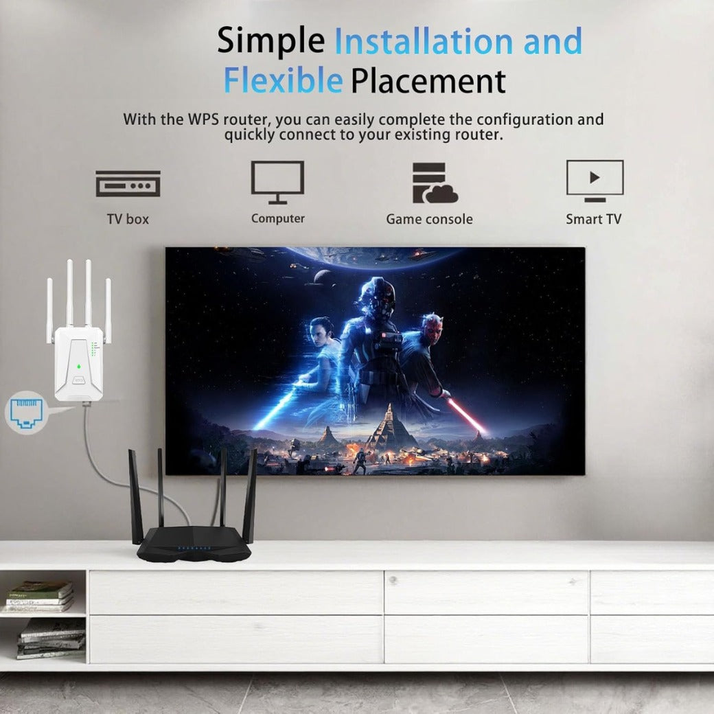 WiFi Extender Booster, Covers Up to 3000 Sq.ft WiFi Booster, 4 Antenna Internet Booster, 2 LAN Ports WiFi Extender, 1-Click Setup, Compatible with All Internet Boxes (4in)