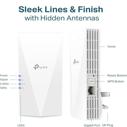TP-Link RE700X WiFi 6 AX3000Mbps WiFi Extender Booster, Internet Booster, Gigabit Ethernet Port, WiFi Booster Range Extender, EasyMesh, Access Point, WiFi Repeater, App Control Easy Setup, UK Plug