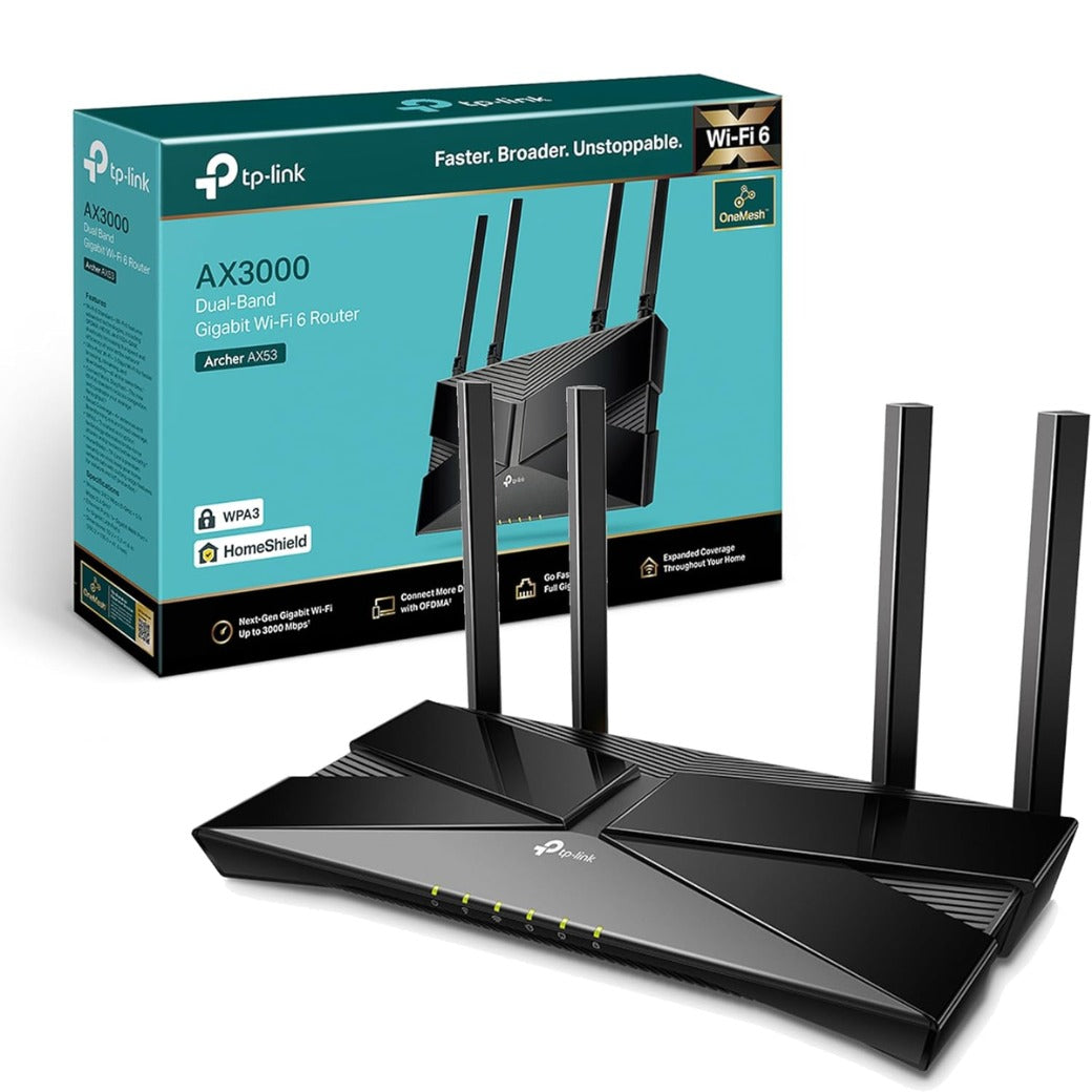 TP-Link Archer AX53 AX3000Mbps Dual-Band WiFi 6 Router, Fast Full Gigabit Ports, Ultra-Low Latency, EasyMesh Compatible, WPA3, Optimal for Gaming, Works with Alexa, Client & Server VPN