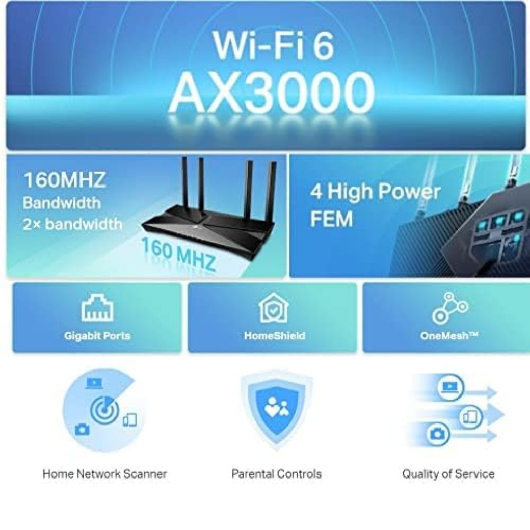 TP-Link Archer AX53 AX3000Mbps Dual-Band WiFi 6 Router, Fast Full Gigabit Ports, Ultra-Low Latency, EasyMesh Compatible, WPA3, Optimal for Gaming, Works with Alexa, Client & Server VPN