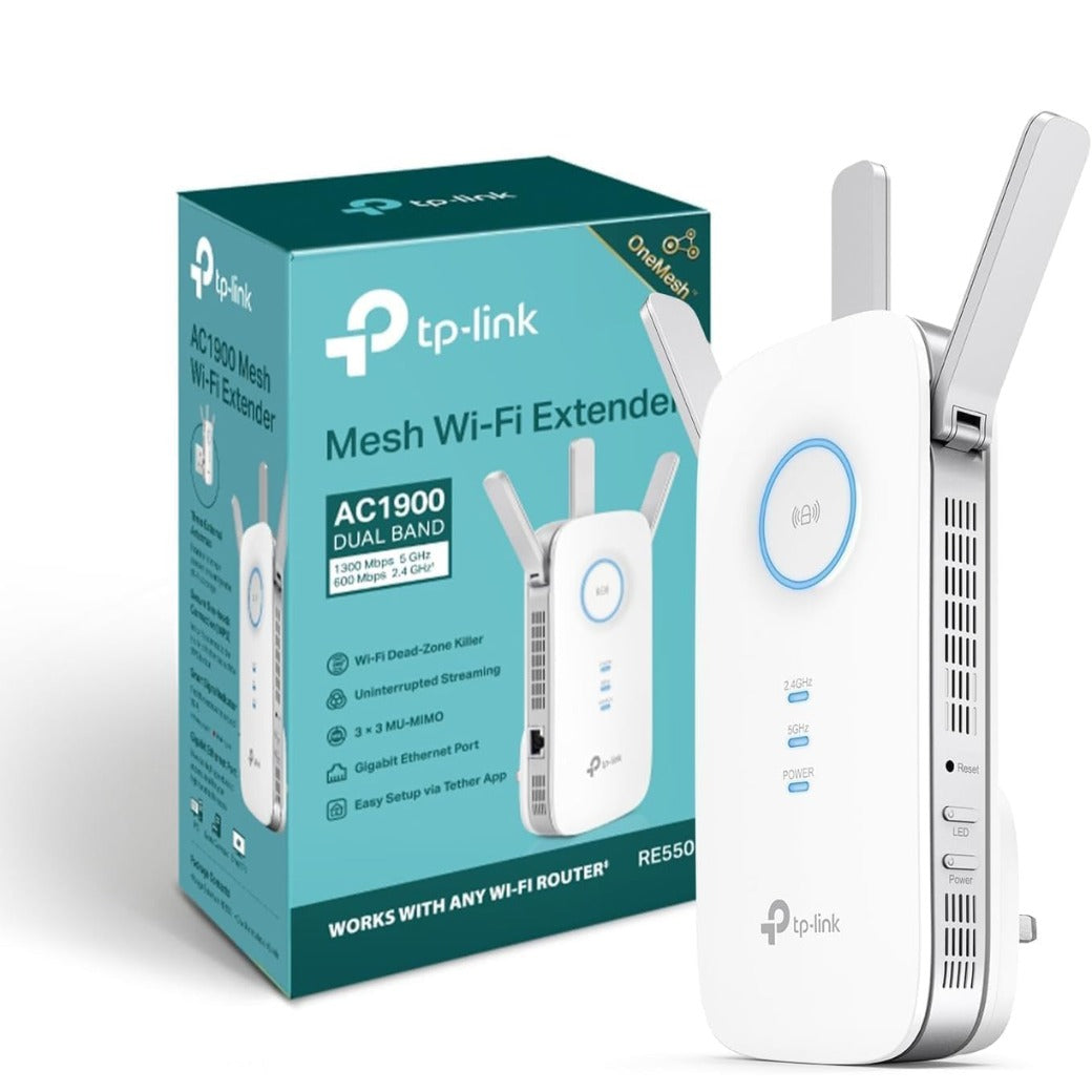 TP-Link RE550 AC1900 WiFi Extender Booster, Dual Band WiFi Booster, 3 Antennas, Gigabit Ethernet Port, Intelligent Monitor, AP Mode, APP Control, Ultimate Compatibility WiFi Mesh, Easy Setup