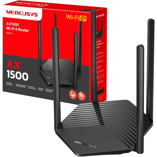MERCUSYS MR60X Router WiFi 6 AX1500Mbps, Gigabit Ethernet Ports, TP-Link WiFi Router, Overall Security Protection, Easy Setup, Internet Booster, Power Saving, App Control