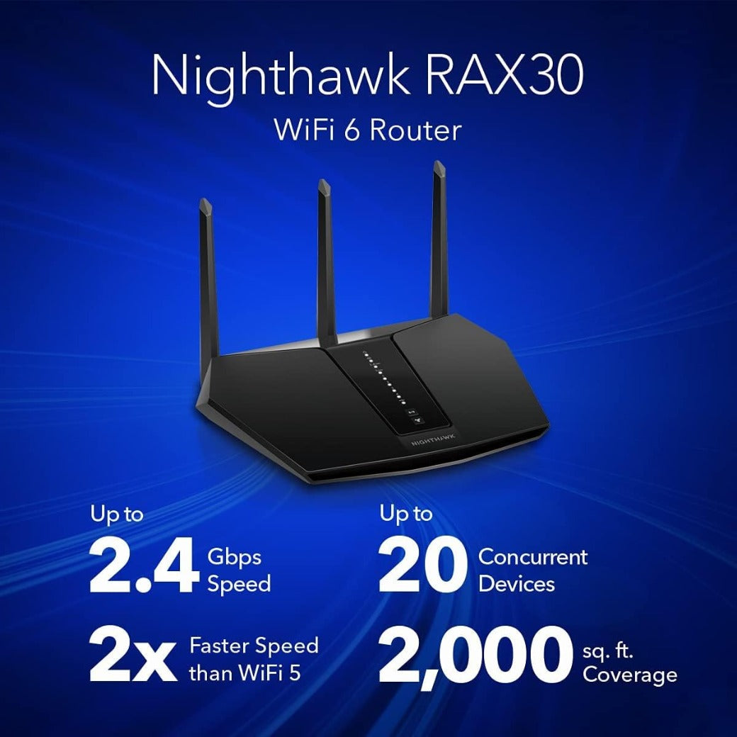 NETGEAR Nighthawk WiFi 6 Router (RAX30), Dual-Band Wireless AX2400 Speed (up to 2.4 Gbps), Coverage up to 125 m²