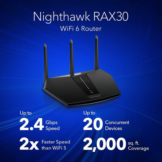 NETGEAR Nighthawk WiFi 6 Router (RAX30), Dual-Band Wireless AX2400 Speed (up to 2.4 Gbps), Coverage up to 125 m²