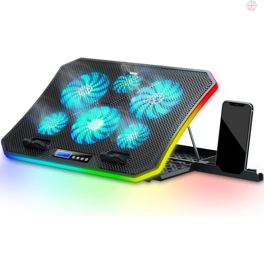 TopMate C12 Laptop Cooling Pad RGB Gaming Notebook Cooler for Desk and Lap Use, Laptop Fan Stand 8 Adjustable Heights with 6 Quiet Fans and Phone Holder, for 15.6-17.3 Inch Laptops -Ice Blue LED Light