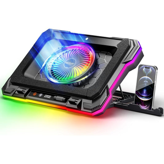 MOOJAY Laptop Cooling Pad Powerful Turbo Fan RGB Gaming Notebook Cooler, Laptop Fan Cooling Stand with 8 Adjustable Heights and Phone Holder, for 14-19 Inch Laptops - Colored LED Light
