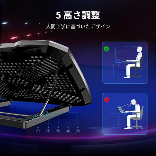 Laptop Cooling Pad, Laptop Cooler for 12-15.6 Inch Notebooks, Laptop Cooling Stand with 5 Quiet Fans, 5 Height Adjustable, 2 USB Ports, Phone Stand (Black)