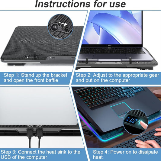 Laptop Cooling Pad, 8-Fan Adjustable Laptop Cooler Quiet with RGB LED Display, 7-Level Height Stand for 12-17 Inch Notebook, Dual USB Ports & Phone Holder, Manual Speed Control