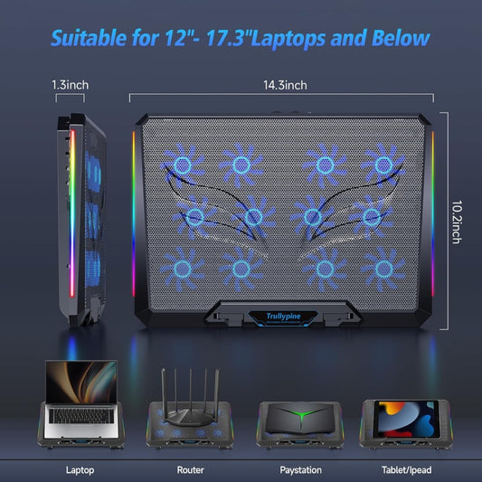 Laptop Cooling Pad, 12 Quiet Fans, Slim Portable for 12-17.3 Inch Laptop Cooler Stand, 5 Height Adjustable, Ergonomic Gaming Cooling Fan Pad, 2 USB Ports & Phone Holder (Gear Version)