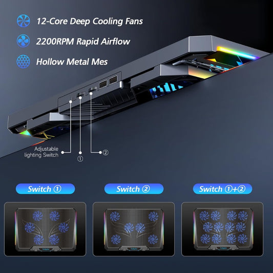 Laptop Cooling Pad, 12 Quiet Fans, Slim Portable for 12-17.3 Inch Laptop Cooler Stand, 5 Height Adjustable, Ergonomic Gaming Cooling Fan Pad, 2 USB Ports & Phone Holder (Gear Version)