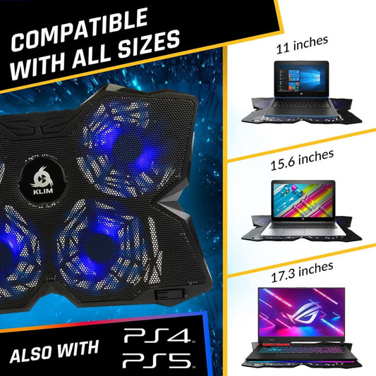 KLIM Wind Laptop Cooling Pad - More than 500 000 units sold - New Version - The Most Powerful Rapid Action Cooling Fan - Laptop Stand with 4 Cooling Fans at 1200 RPM - USB Fan - PS5 PS4 - Blue