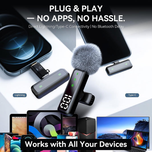 Wireless Lavalier Microphone with LED Display, Lavalier Microphones Clip on Mic With Noise Reduction, for Video Recording, Tiktok, Youtube, Vlog Podcast Content Creator (Shiny black)