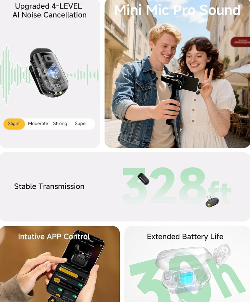 MAONO Wireless Microphone for iPhone 17/16/15 & Android, USB-C Wireless Mini Mic with Pro Sound, Noise Cancellation, AI Voice Changer, 30h Battery for Video Recording Vlog TikTok YouTube,Wave T1 Mini