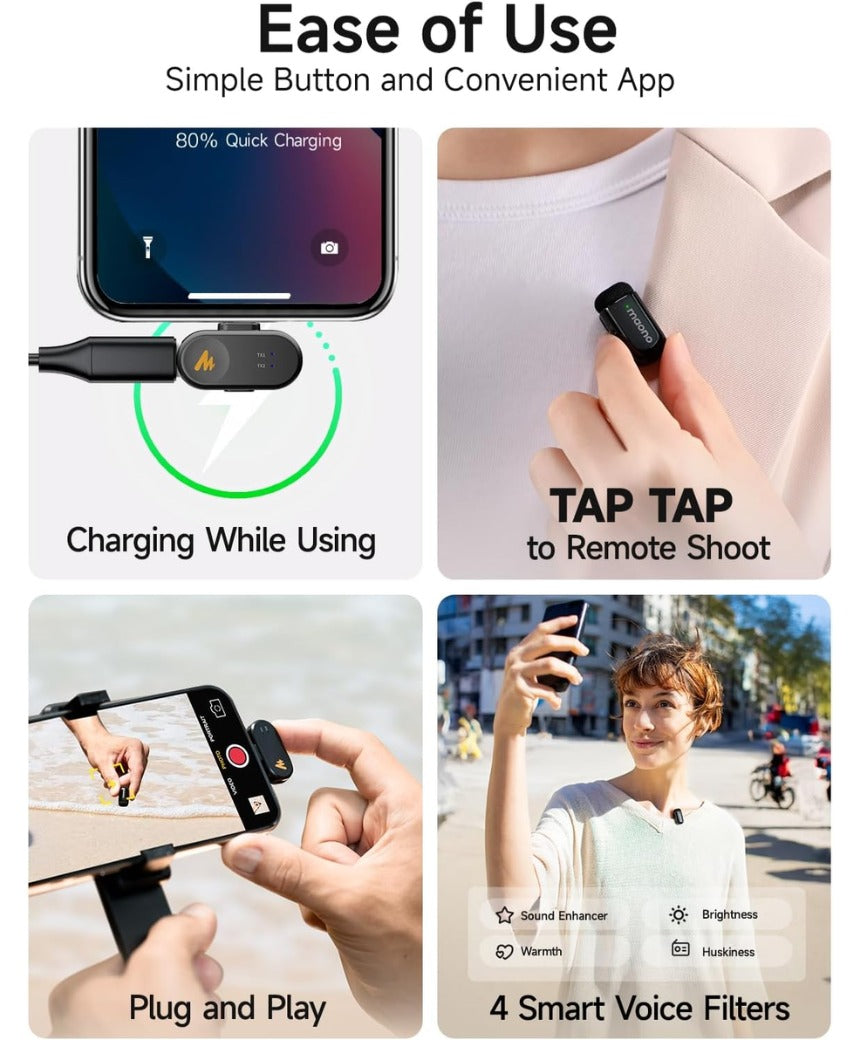 MAONO Wireless Microphone for iPhone 17/16/15 & Android, USB-C Wireless Mini Mic with Pro Sound, Noise Cancellation, AI Voice Changer, 30h Battery for Video Recording Vlog TikTok YouTube,Wave T1 Mini