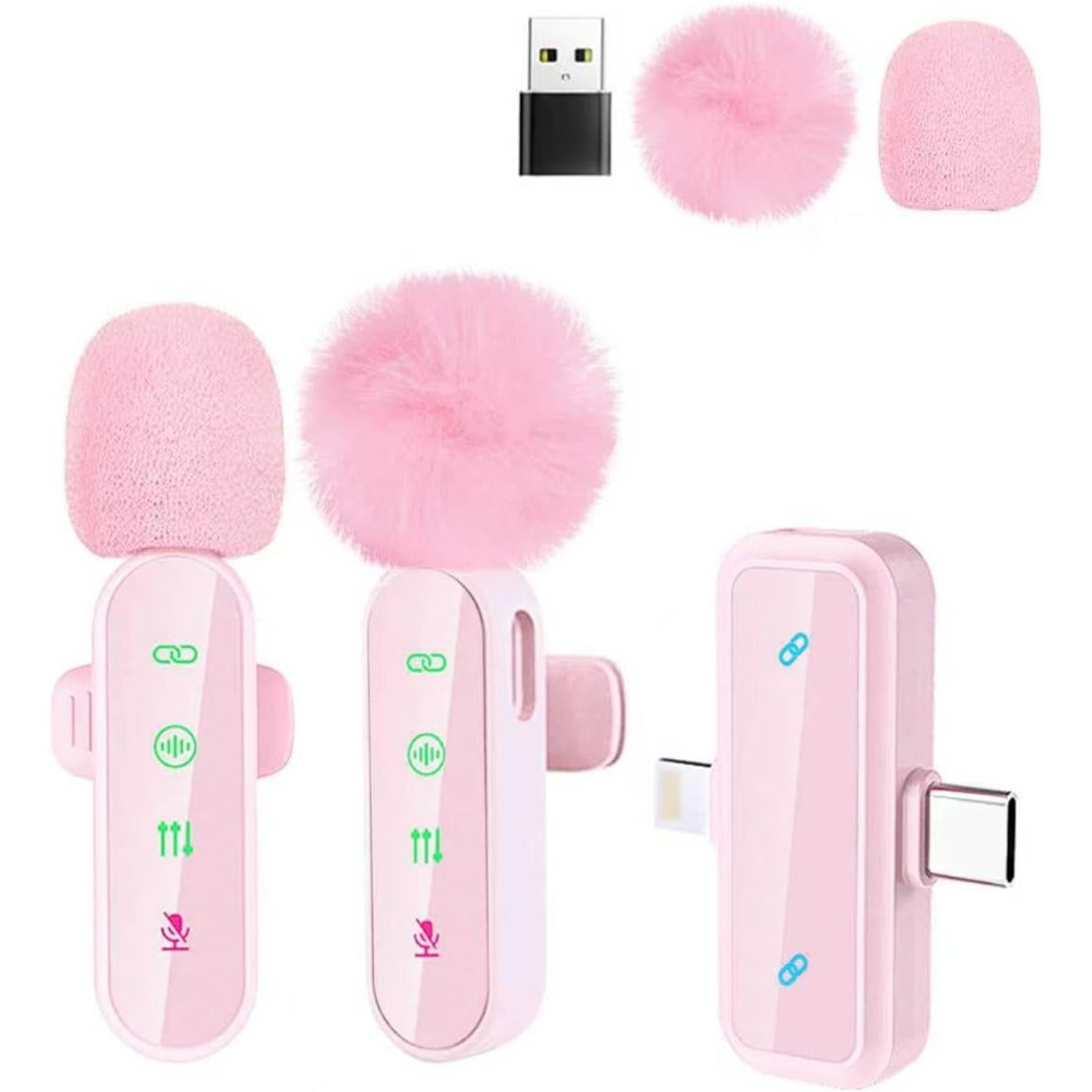 Wireless Mini Lavalier Lapel Microphone for iPhone iPad & Android Phone, 2 in 1 Lapel Mic for Video Recording - Clip on Dual Mics with Noise Reduction for Video YouTube Tiktok Podcast Vlogging (Pink)