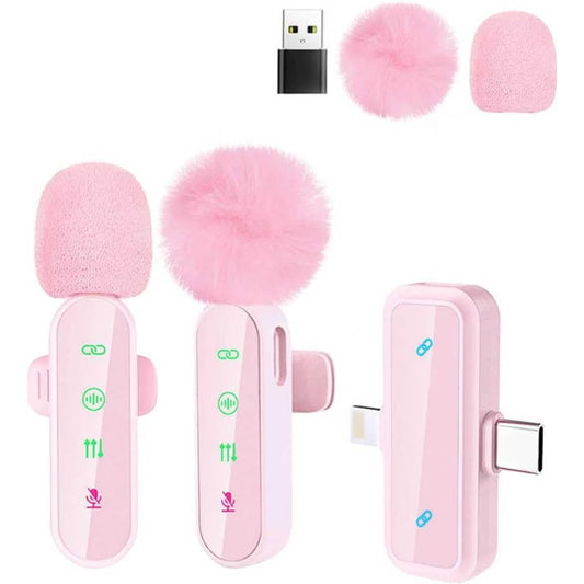 Wireless Mini Lavalier Lapel Microphone for iPhone iPad & Android Phone, 2 in 1 Lapel Mic for Video Recording - Clip on Dual Mics with Noise Reduction for Video YouTube Tiktok Podcast Vlogging (Pink)