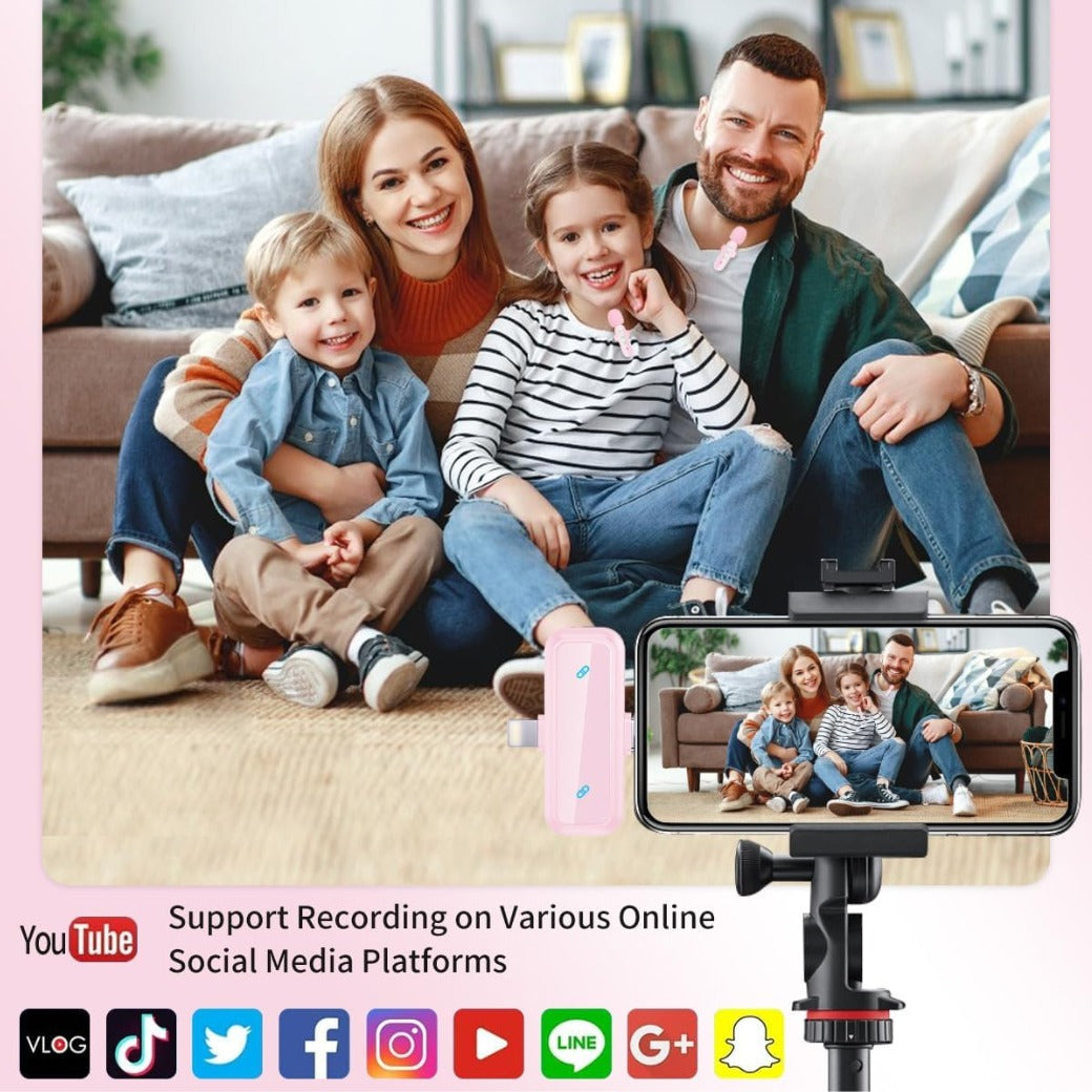 Wireless Mini Lavalier Lapel Microphone for iPhone iPad & Android Phone, 2 in 1 Lapel Mic for Video Recording - Clip on Dual Mics with Noise Reduction for Video YouTube Tiktok Podcast Vlogging (Pink)