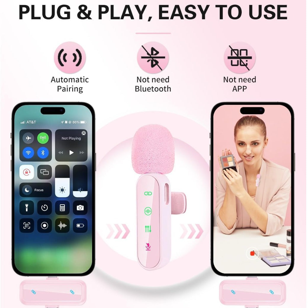 Wireless Mini Lavalier Lapel Microphone for iPhone iPad & Android Phone, 2 in 1 Lapel Mic for Video Recording - Clip on Dual Mics with Noise Reduction for Video YouTube Tiktok Podcast Vlogging (Pink)