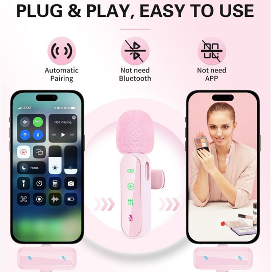 Wireless Mini Lavalier Lapel Microphone for iPhone iPad & Android Phone, 2 in 1 Lapel Mic for Video Recording - Clip on Dual Mics with Noise Reduction for Video YouTube Tiktok Podcast Vlogging (Pink)