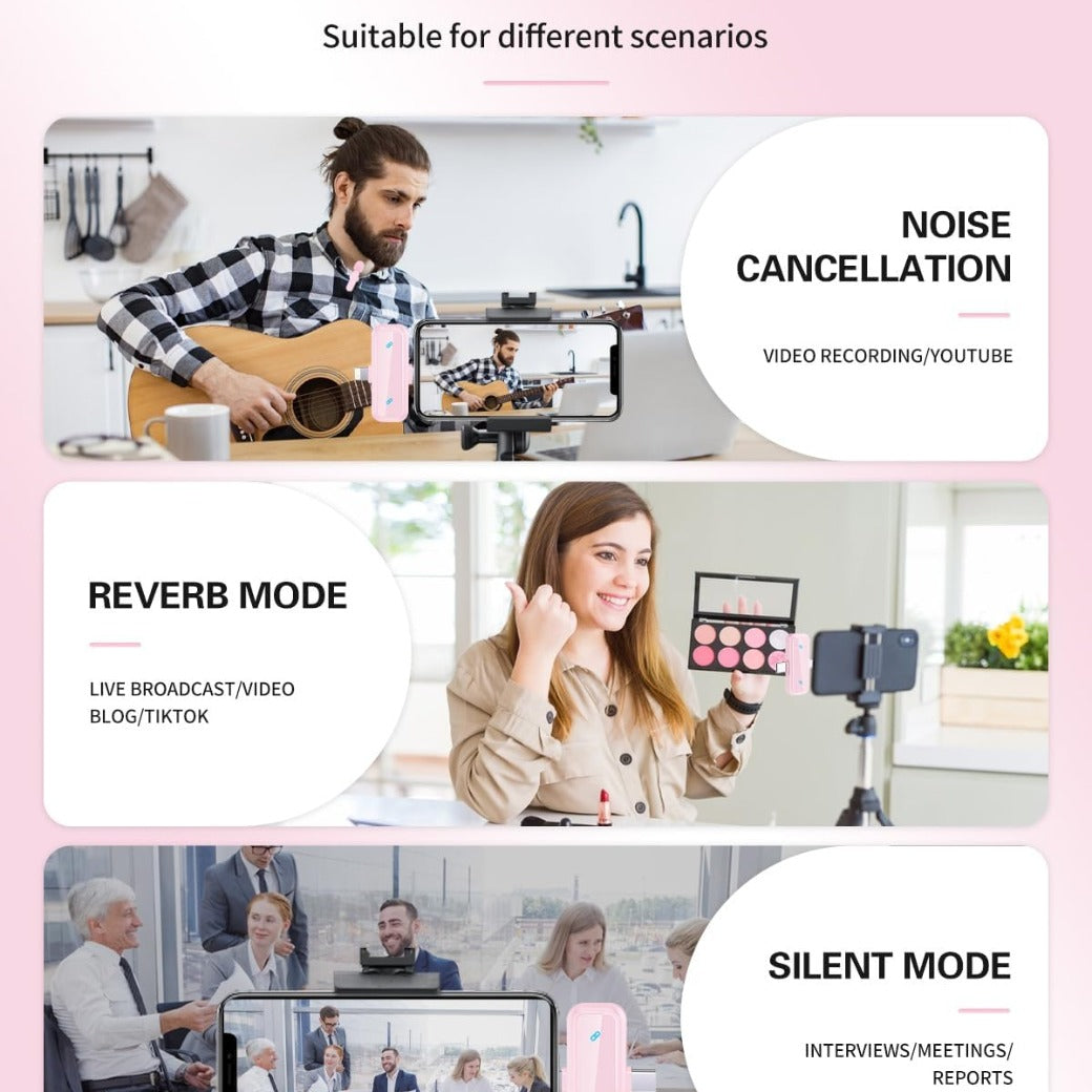 Wireless Mini Lavalier Lapel Microphone for iPhone iPad & Android Phone, 2 in 1 Lapel Mic for Video Recording - Clip on Dual Mics with Noise Reduction for Video YouTube Tiktok Podcast Vlogging (Pink)