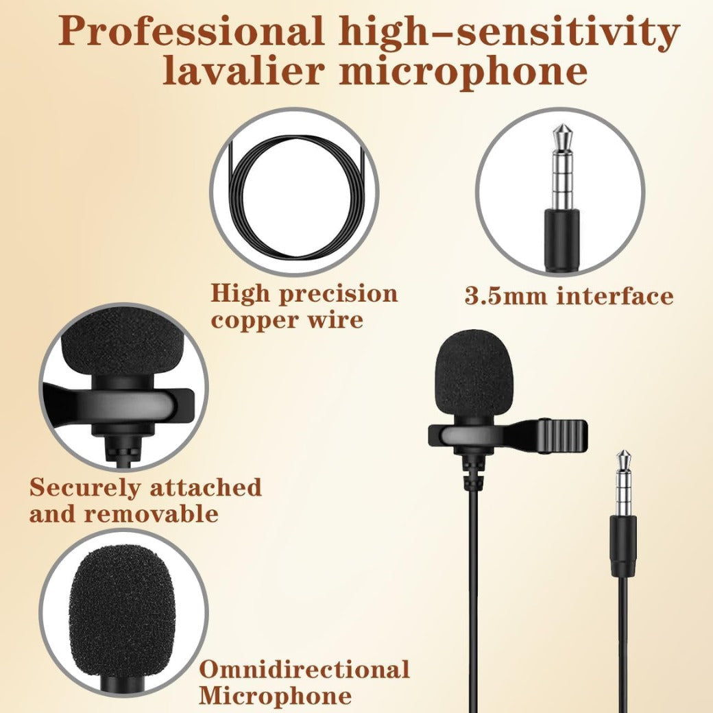 Lavalier Lapel Microphone Omnidirectional Clip-on Mic with 3.5mm Jack for Pc, Noise-Cancelling 3.5mm Condenser Wired Clip On Lavalier Mic for Recording, Podcasts, Video Calls & More