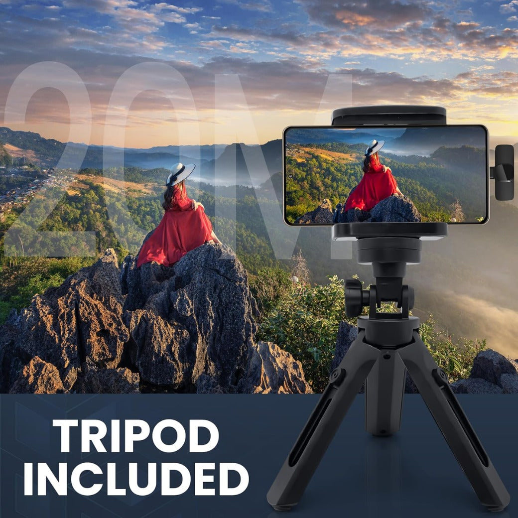 Wireless Microphones for iPhone iPad and Android USB C and Ligthening with Tripod and Leather Case, Clip on Lapel Lavalier Bluetooth Microphone for Video Recording, TikTok, Live Streaming - 2 Mics