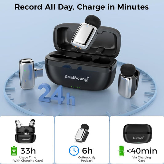 zealsound M6 Mini Wireless Lavalier Microphone for iPhone Android, 5g Lightweight Noise Cancelling Lapel Mic, 100m Range for Streaming, Vlogging, Video Recording, Interviews, Podcasts YouTube, TikTok