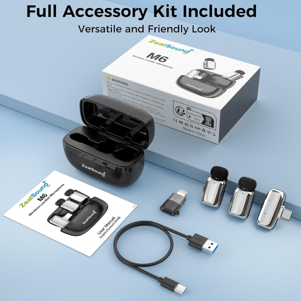 zealsound M6 Mini Wireless Lavalier Microphone for iPhone Android, 5g Lightweight Noise Cancelling Lapel Mic, 100m Range for Streaming, Vlogging, Video Recording, Interviews, Podcasts YouTube, TikTok