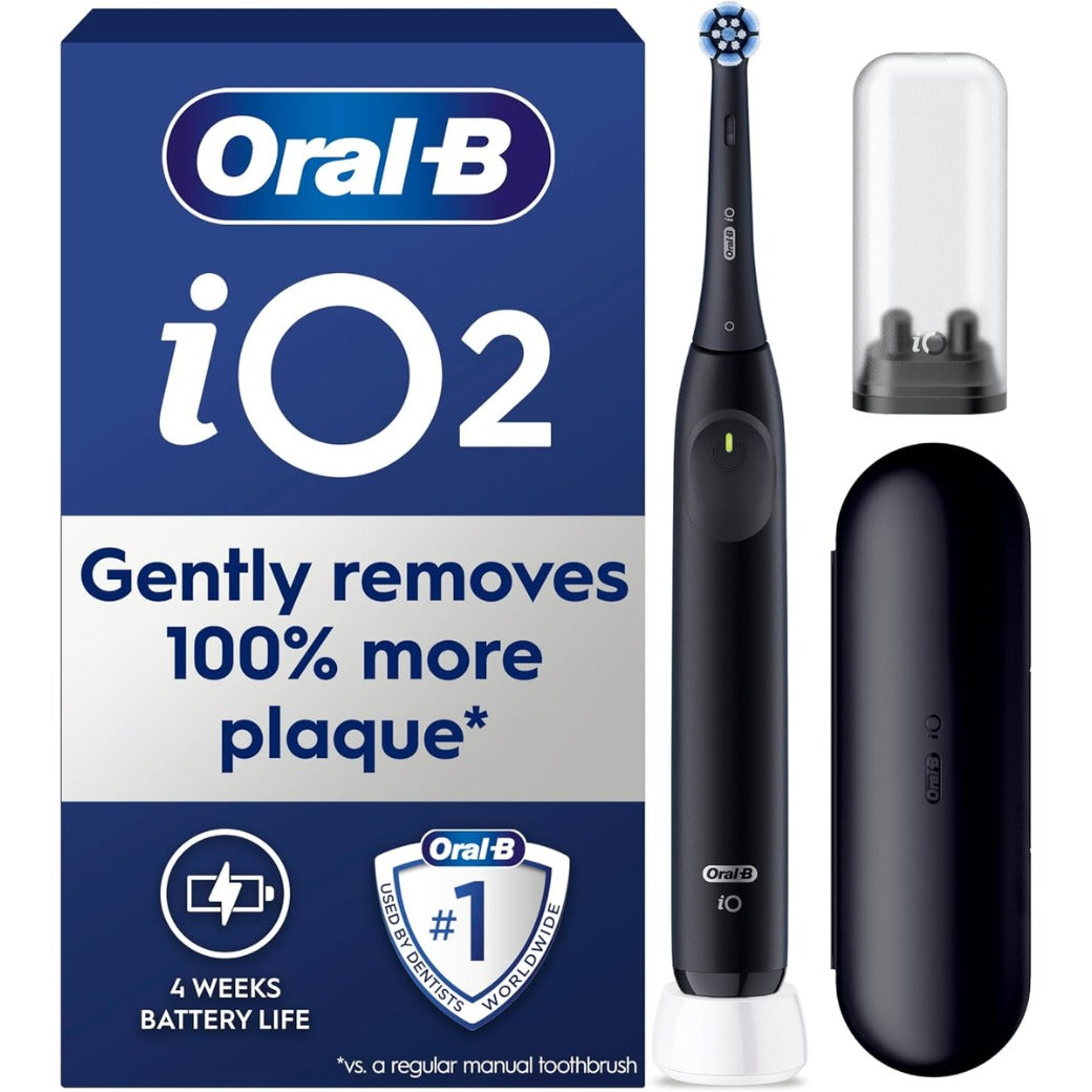 Oral-B iO2 Electric Toothbrush, 1 Gentle Care Toothbrush Head, 1 Travel Case, 1 Travel Refill Holder, Oral B Toothbrush Adults (Night Black), Designed by Braun, 2 Pin Plug
