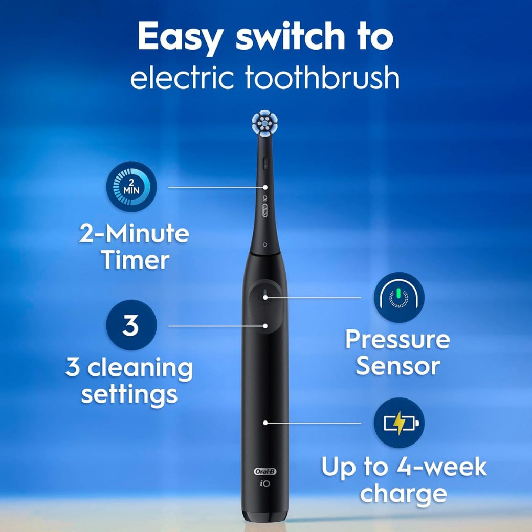 Oral-B iO2 Electric Toothbrush, 1 Gentle Care Toothbrush Head, 1 Travel Case, 1 Travel Refill Holder, Oral B Toothbrush Adults (Night Black), Designed by Braun, 2 Pin Plug