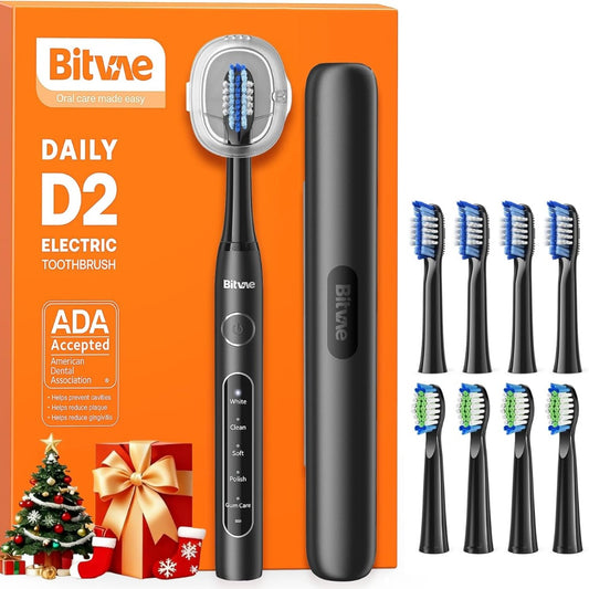 Bitvae D2 Ultrasonic Electric Toothbrush for Adults and Kids, Electric Toothbrush with Rechargeable Power, 8 Toothbrush Heads and 5 Modes, Black