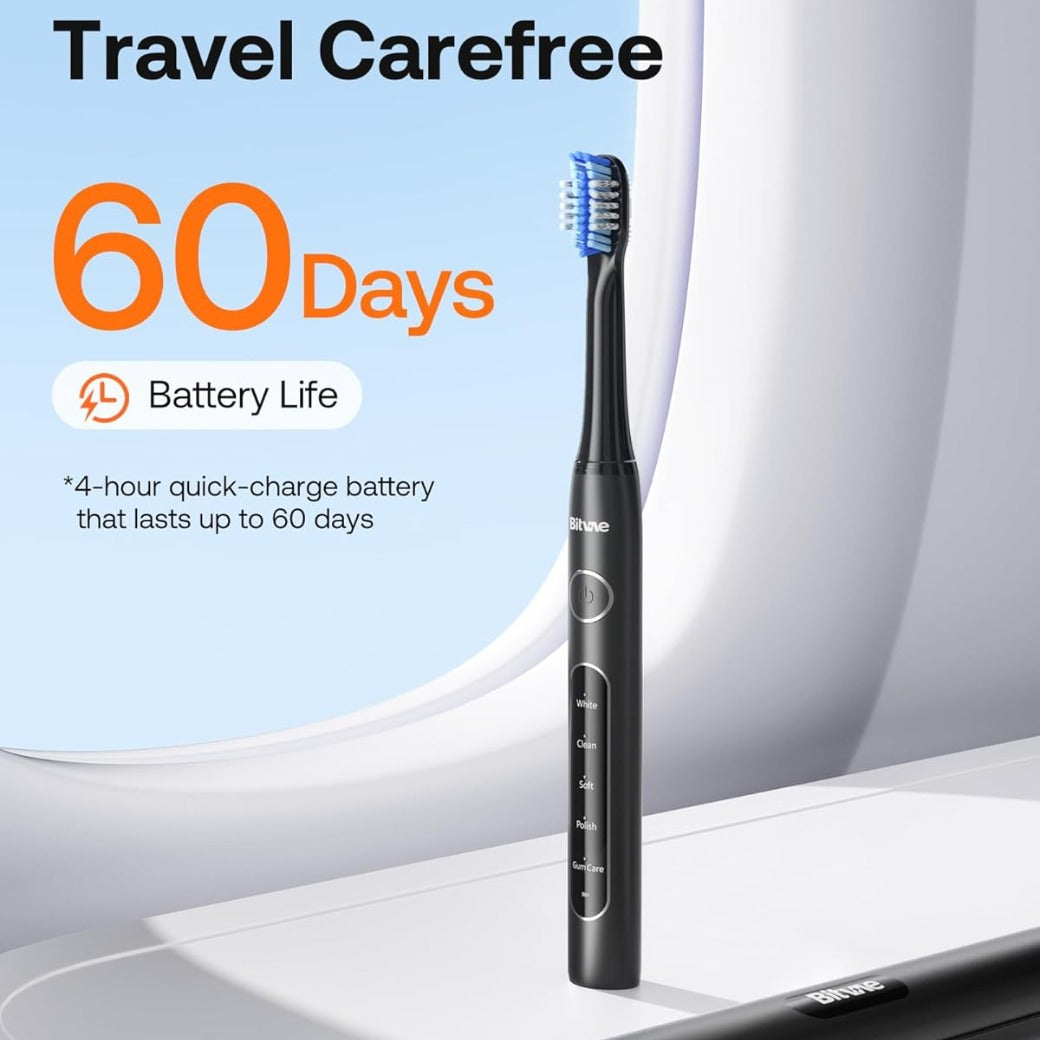Bitvae D2 Ultrasonic Electric Toothbrush for Adults and Kids, Electric Toothbrush with Rechargeable Power, 8 Toothbrush Heads and 5 Modes, Black