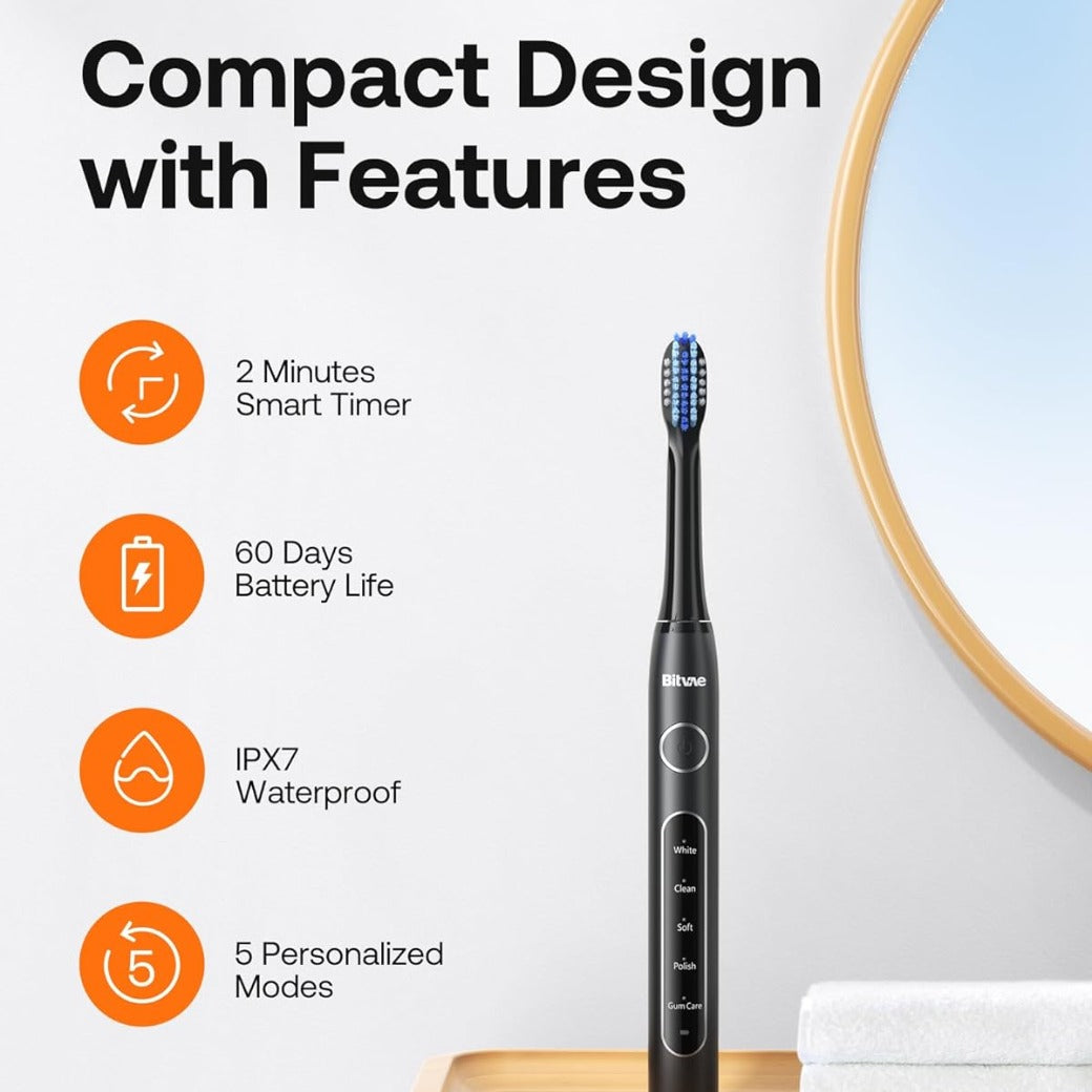 Bitvae D2 Ultrasonic Electric Toothbrush for Adults and Kids, Electric Toothbrush with Rechargeable Power, 8 Toothbrush Heads and 5 Modes, Black