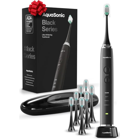 Aquasonic Black Series Ultra Whitening Toothbrush – ADA Accepted Electric Toothbrush- 8 Brush Heads & Travel Case – 40,000 VPM Electric Motor & Wireless Charging - 4 Modes w Smart Timer