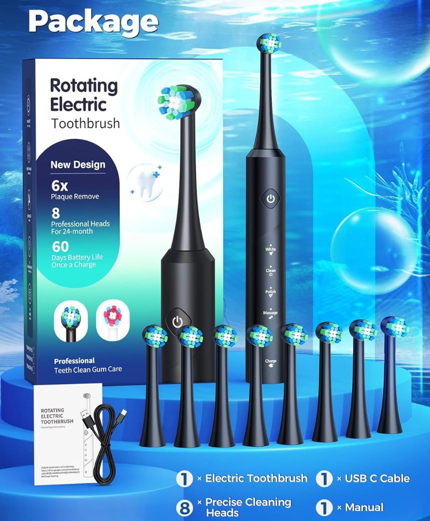 Rotating Electric Toothbrush for Adults, 8 Brush Heads & Fast Charging, 60-Day Long-Lasting Battery, 4 Modes, IPX7 Waterproof, 2-Minute Smart Timer for Professional Clean (Black)