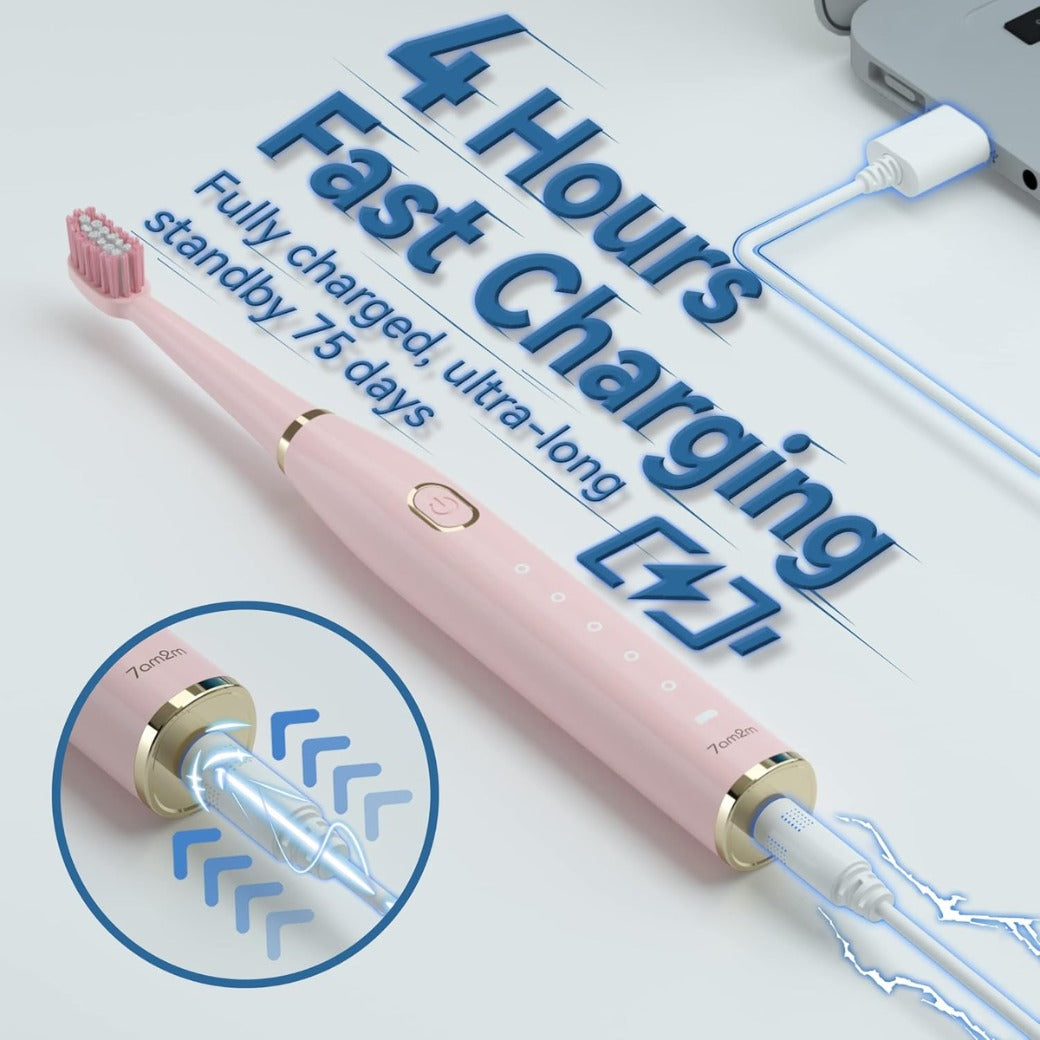 7AM2M Sonic Electric Toothbrush for Adults and Kids- High Power Rechargeable Toothbrushes with 8 Brush Heads,5 Adjustable Modes, Built-in 2-Minute Smart Timer,4 Hours Fast Charge for 75 Days(Pink)
